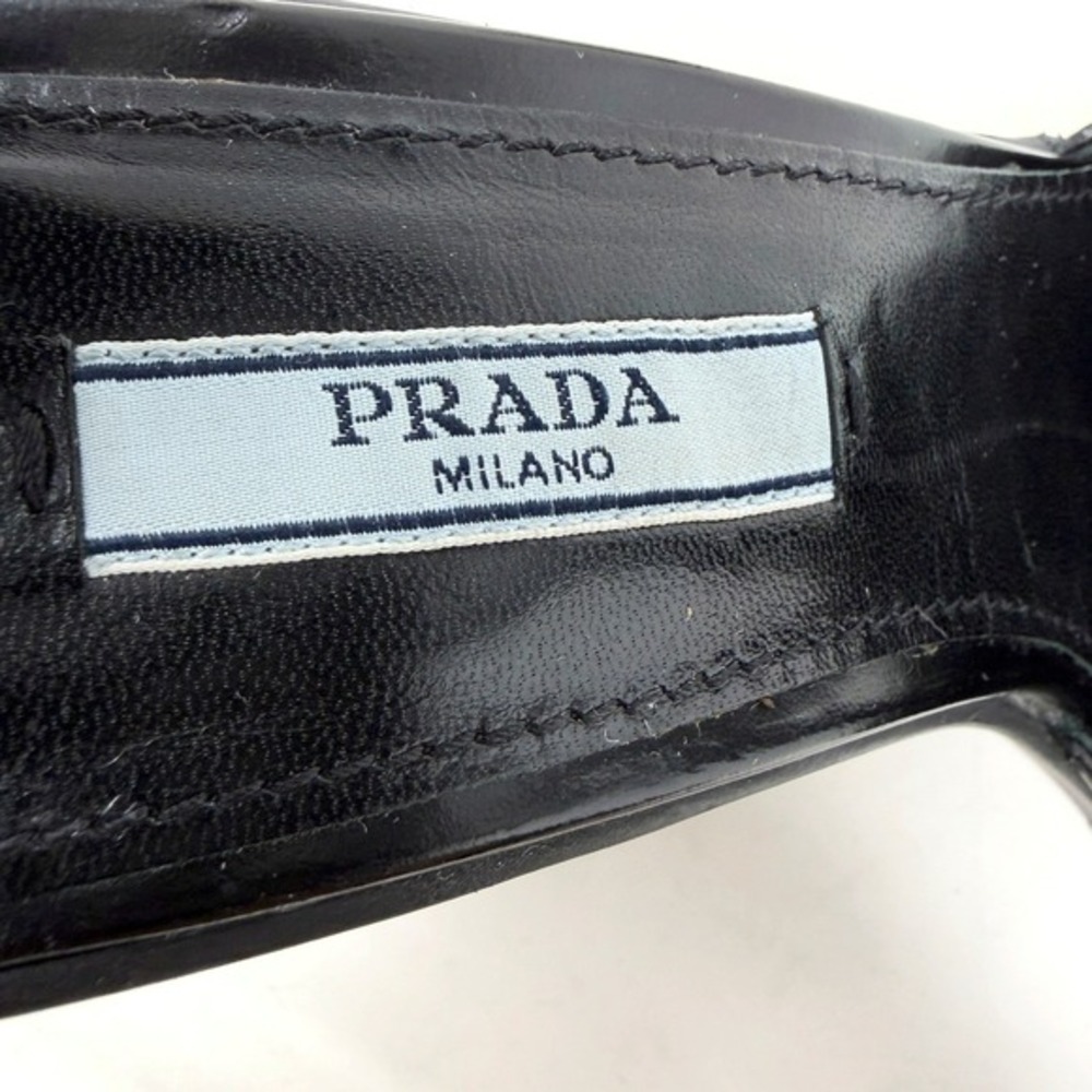 Prada‎ Black Wedge Sandals T Strap Leather Heels 37.5 - Picture 7 of 11